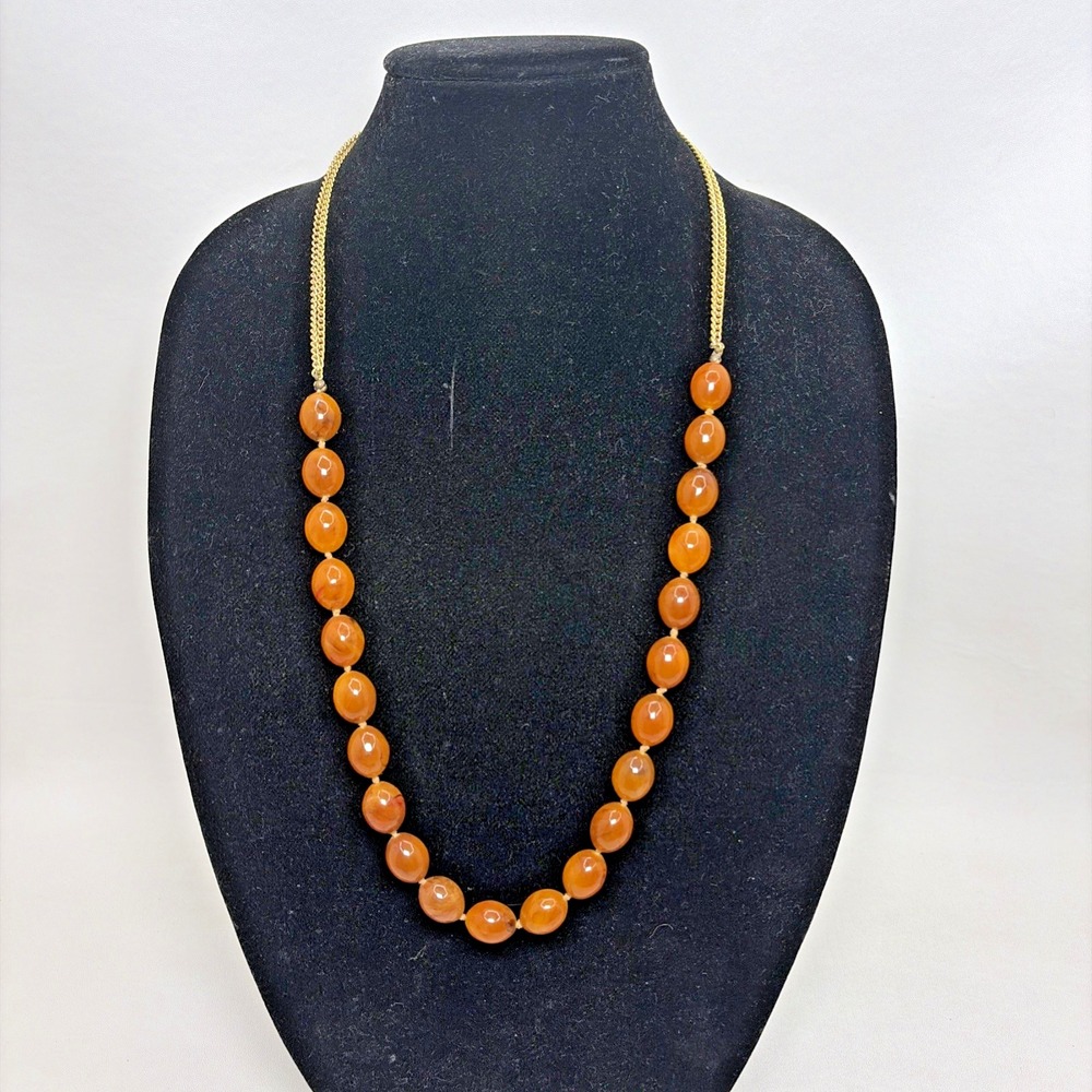 Vintage Butterscotch Amber Lucite Oval Egg Bead Necklace 14" Statement Gold Tone